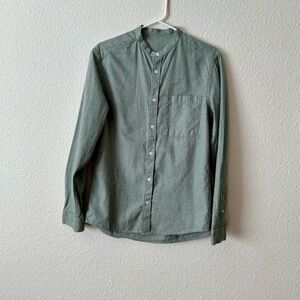 H&M Button Front Banded Collar Long Sleeve Shirt Green Cotton SZ S